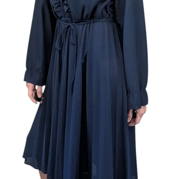 Vintage Women's Sheer Navy V-Neck Ruffle Retro 80s Fashion Blouson Dress Size M - Picture 3 of 7